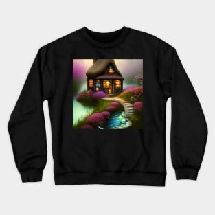 Sparkling Fantasy Cottage with Lights and Glitter Background in Forest, Scenery Nature Crewneck Sweatshirt